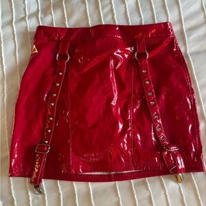 Red Patent Horoscopez Leather Skirt with Buckle Details